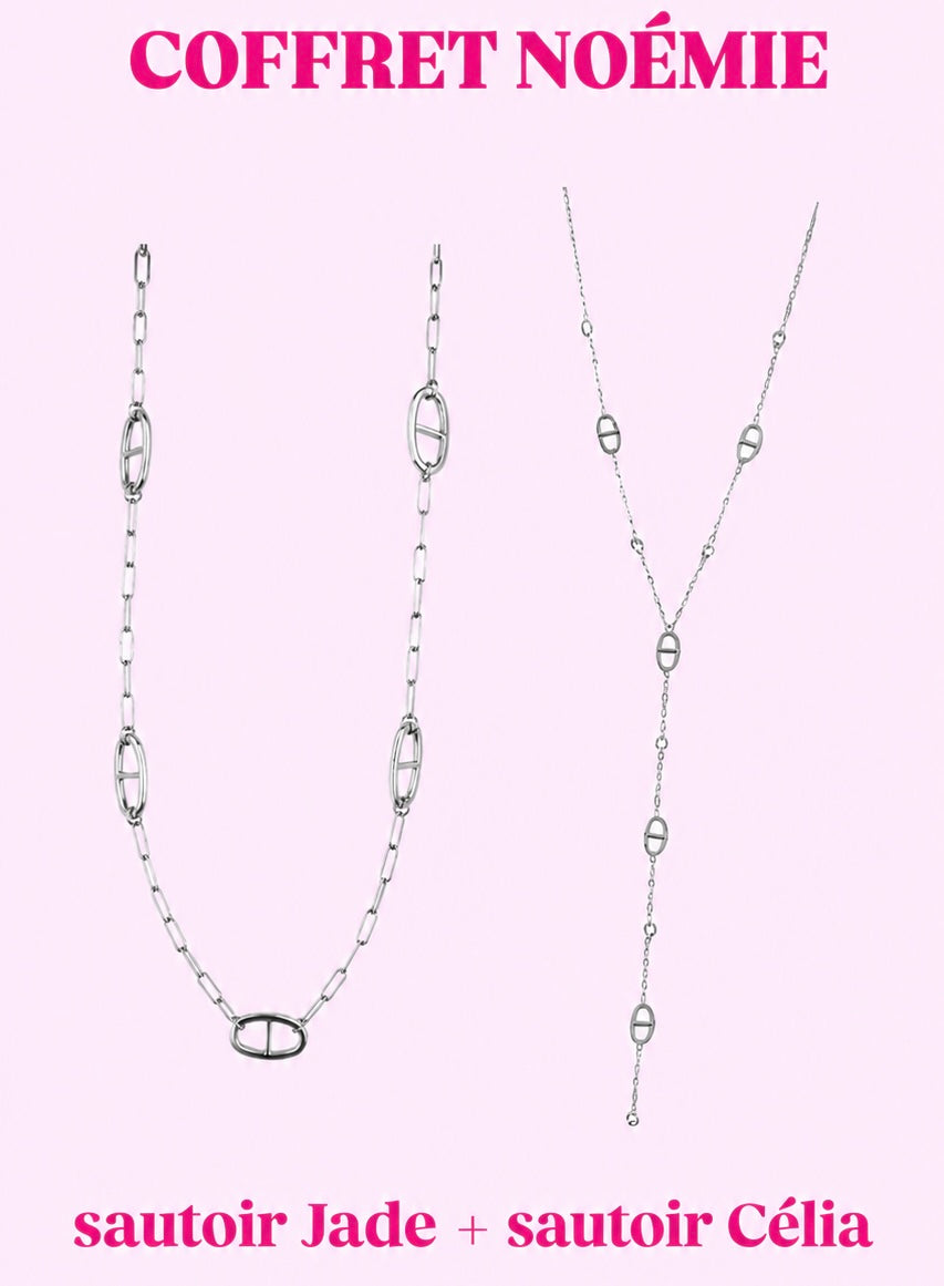 Coffret NOÉMIE ( Sautoir Jade + Sautoir Célia ) en acier inoxydable argenté ou doré