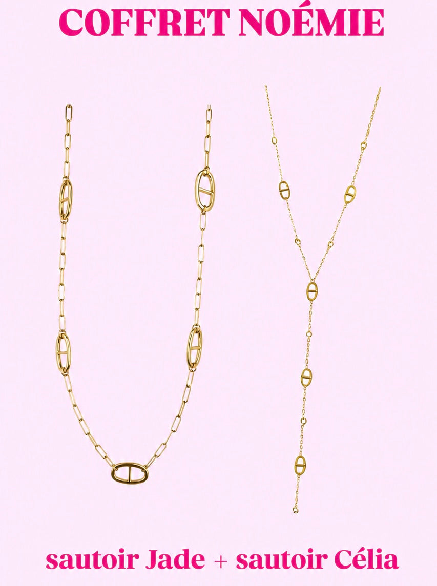 Coffret NOÉMIE ( Sautoir Jade + Sautoir Célia ) en acier inoxydable argenté ou doré