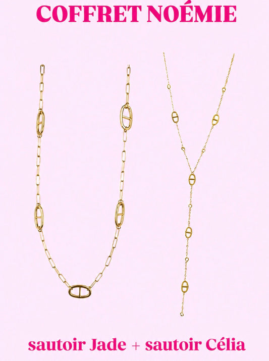 Coffret NOÉMIE ( Sautoir Jade + Sautoir Célia ) en acier inoxydable argenté ou doré