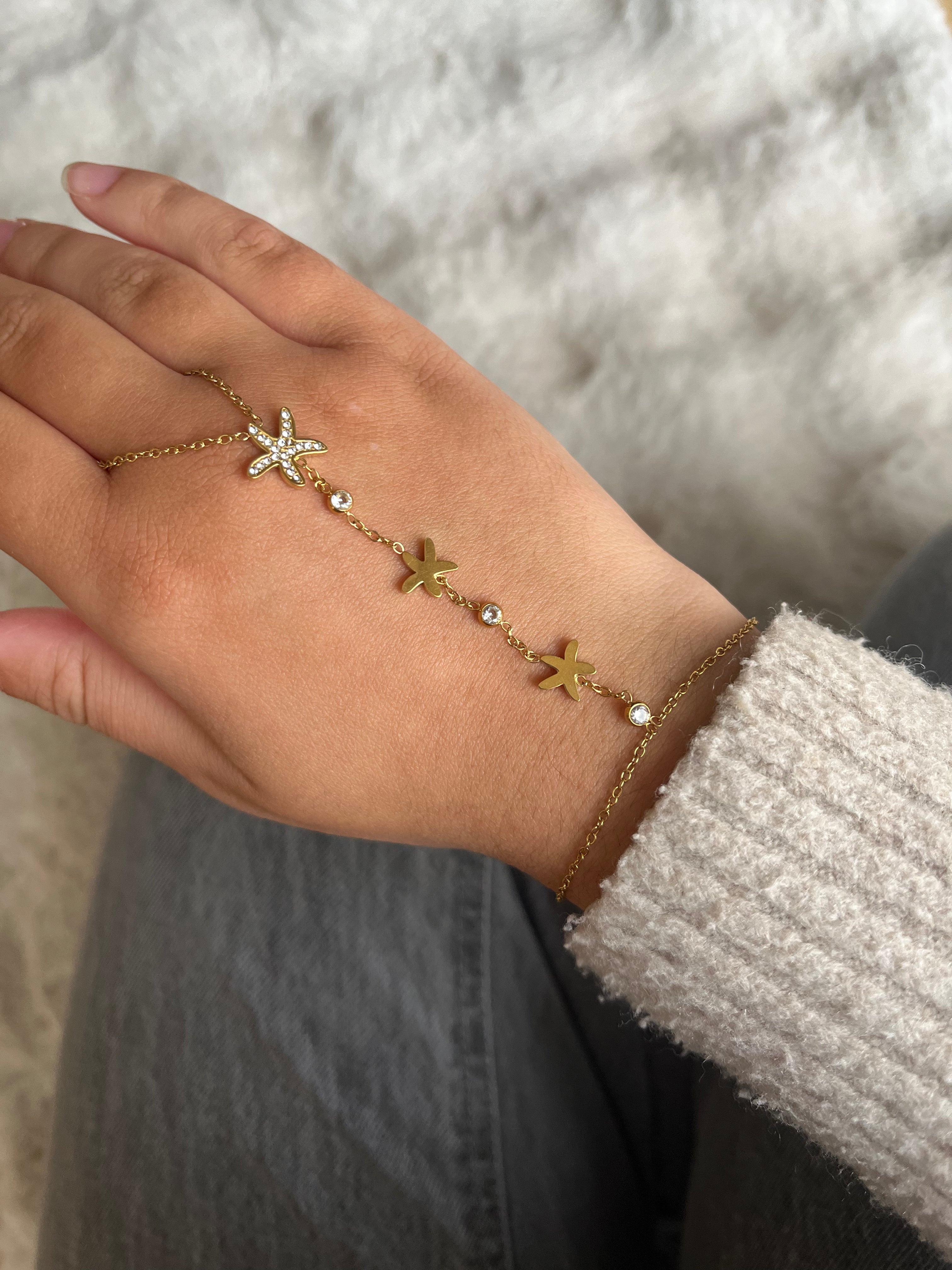 Chaîne de main étoile strass acier inoxydable argenté ou doré